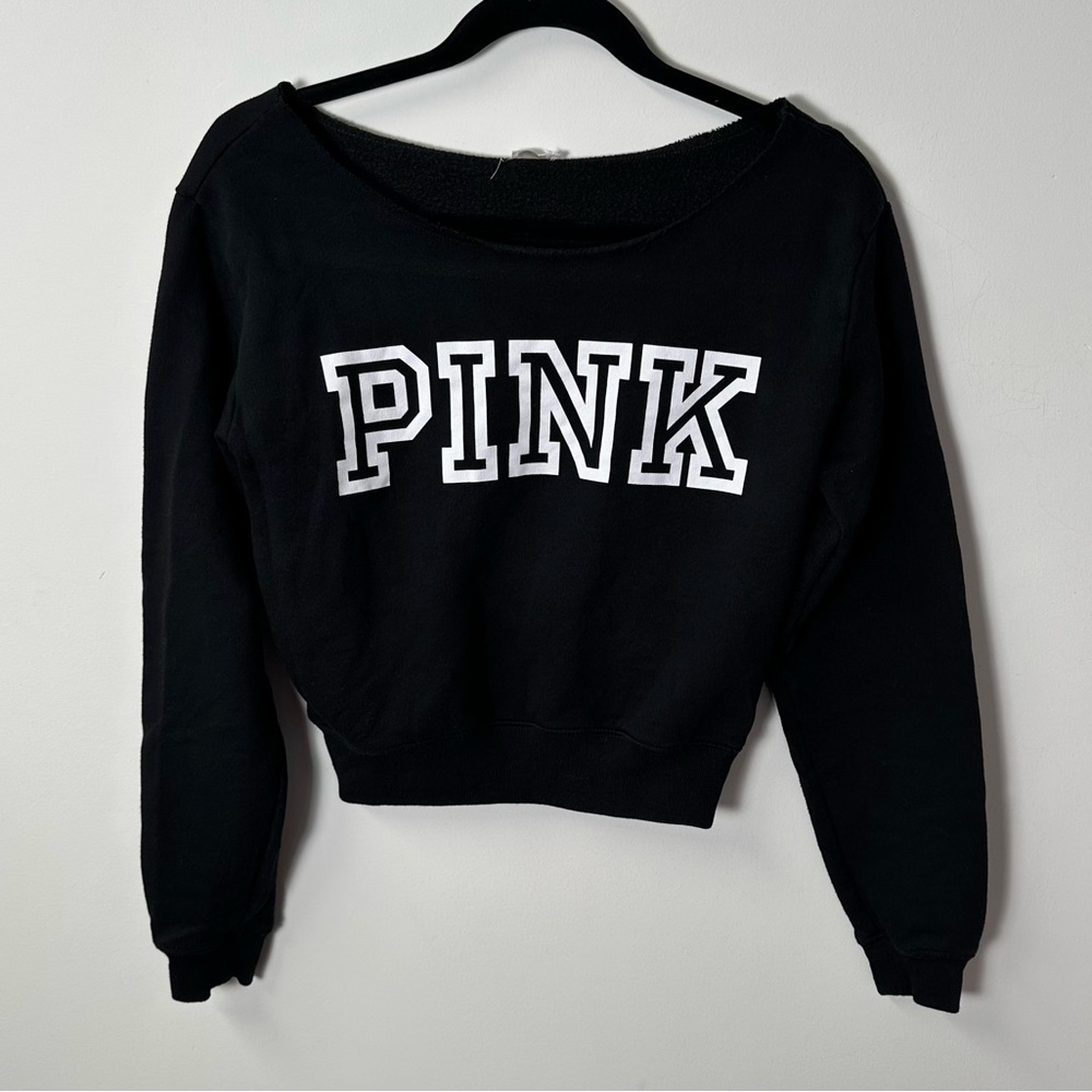 Y2K PINK BY VS women's black white graphic raw cut neck crewneck, XS-S.